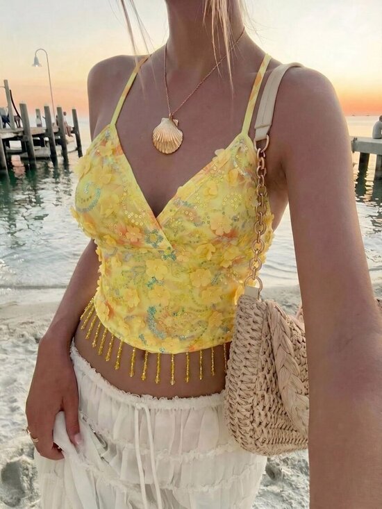 MODA ME COUTURE Tops - Yellow Boho Women's 3d Floral Decor Fringe Hem Camisole Top